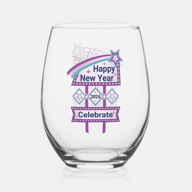 Retro Happy New Year Sign – Celebrate Marquee Stemless Wine Glass (Front)