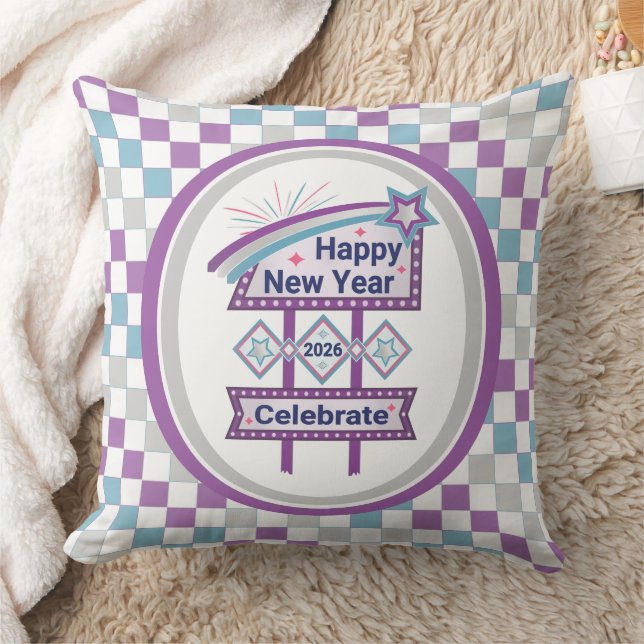 Retro Happy New Year Sign – Celebrate Marquee Throw Pillow (Blanket)