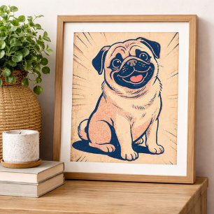 Retro Happy Pug Dog Comic Style Art Poster