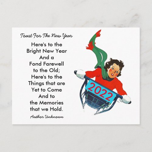 Retro Happy Sledder sledding girl New Year PC 2022 Holiday Postcard