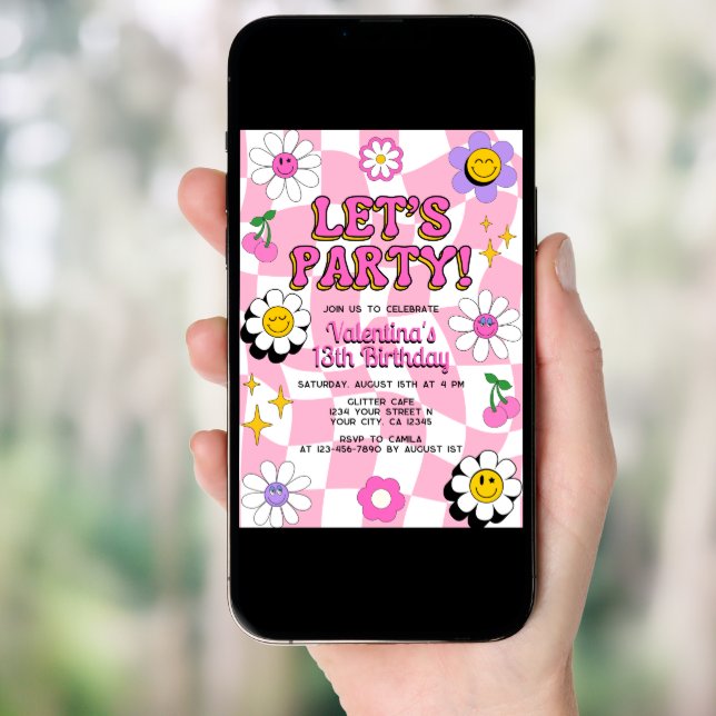Retro Happy Smile Face Pink Checkered Birthday Invitation (Front Digital)