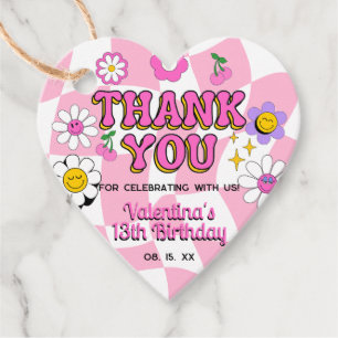 Retro Happy Smile Face Pink Checkered Fun Birthday Favor Tags