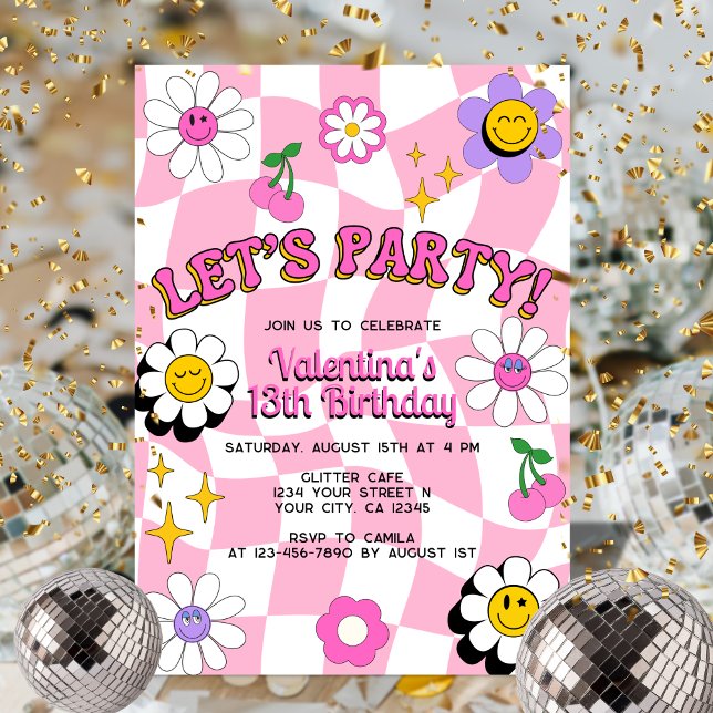 Retro Happy Smile Face Pink Checkered Fun Birthday Invitation (Creator Uploaded)