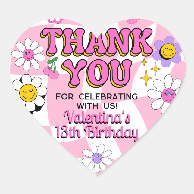 Retro Happy Smile Face Pink Checkered Thank You Heart Sticker (Front)