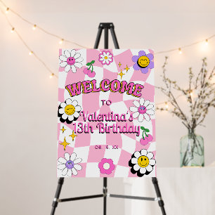 Retro Happy Smile Face Pink Checkered Welcome Foam Board