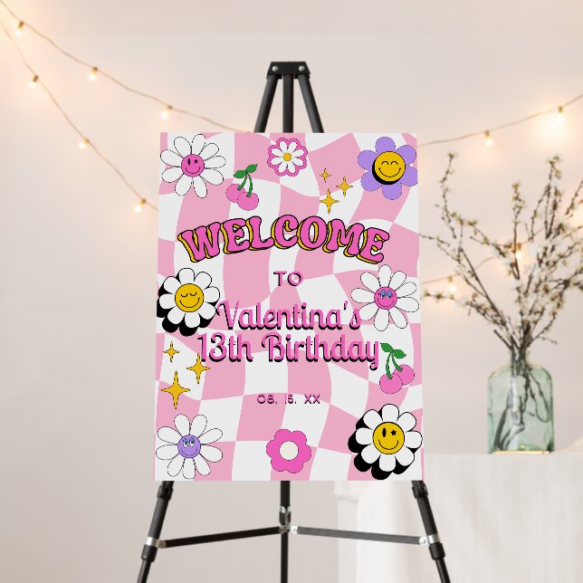 Retro Happy Smile Face Pink Checkered Welcome Foam Board (In Situ (Stand))
