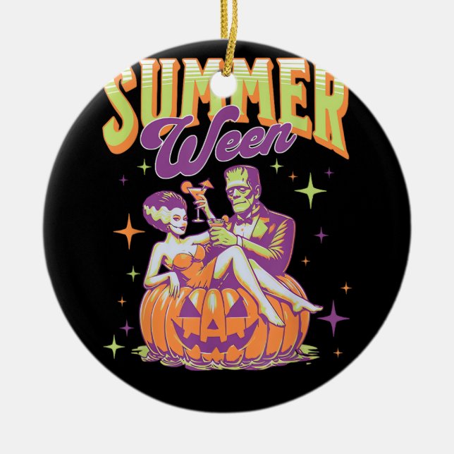 Retro Happy Summerween Funny Frankenstein Monster  Ceramic Ornament (Front)