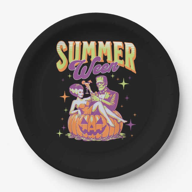Retro Happy Summerween Funny Frankenstein Monster  Paper Plates (Front)