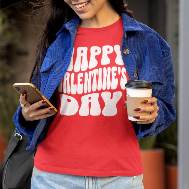 Retro Happy Valentine's Day Modern Red Womens T-Shirt (Creator Uploaded)
