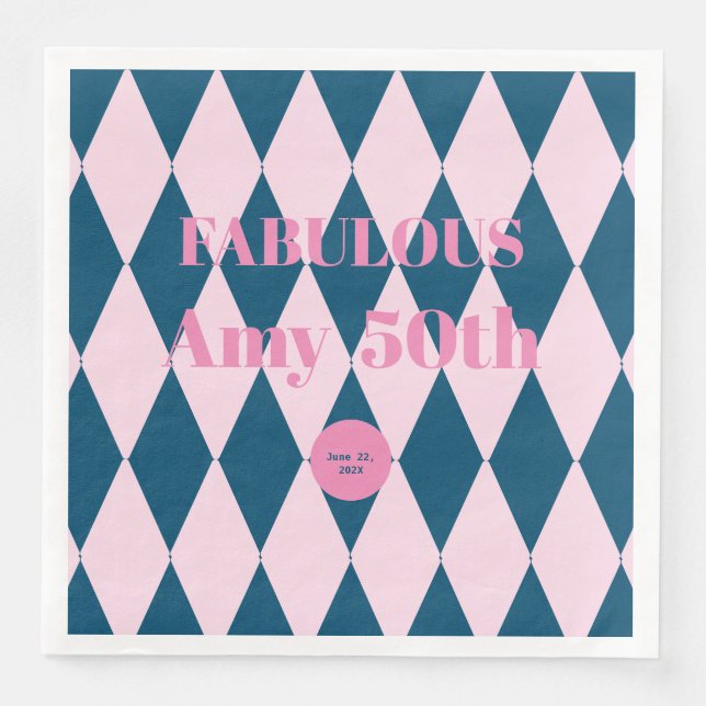 Retro Harlequin Azure and Ballerina Pink  Paper Dinner Napkins (Front)