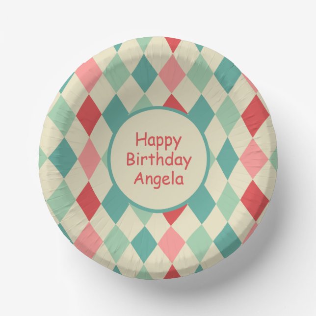 Retro Harlequin Geometric Pattern Custom Birthday Paper Bowls (Front)