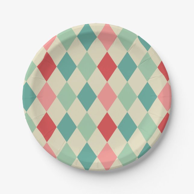 Retro Harlequin Geometric Pattern Paper Plates (Front)