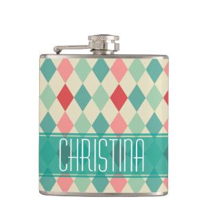 Retro Harlequin Geometric Pattern Personalized Hip Flask