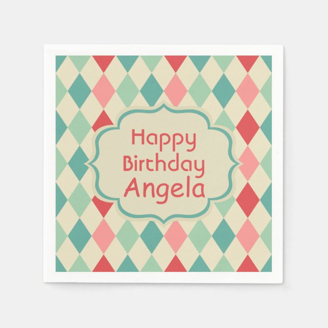 Retro Harlequin Geometric Pattern Personalized Paper Napkins (Front)