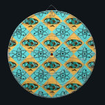 Retro Harlequin Globe Trotter Dartboard<br><div class="desc">This Retro Harlequin Globe Trotter Metal Cage Dartboard design features a repeating pattern of an abstract oval globe with wood grain continents and atomic symbols. The oceans on the vintage globe are in shades of teal and turquoise. The globe is on a triangular wooden stand and the whole world is...</div>