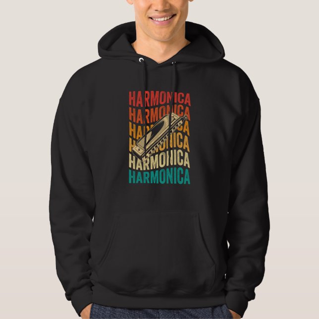 Retro Harmonica Harp Player Hoodie (Front)