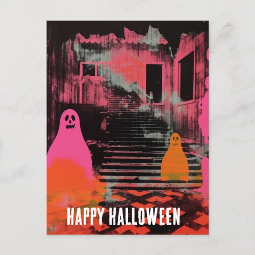  Retro Haunted Halloween House Pink Orange Ghosts Postcard