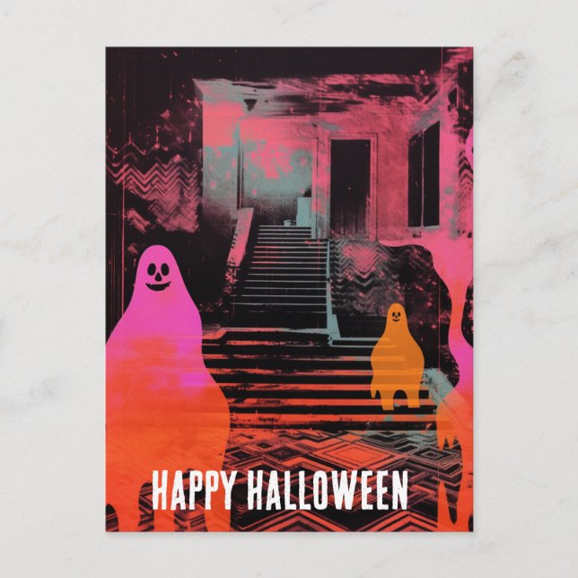  Retro Haunted Halloween House Pink Orange Ghosts Postcard (Front)