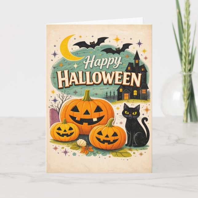 Retro Haunted House Vintage Halloween Card (Front)