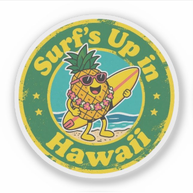 Retro Hawaii Badge-Pineapple with Lei Surfboard Sticker (Front)