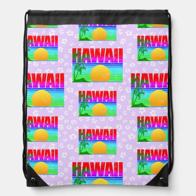 Retro Hawaii Sunset Beach Purple Hibiscus Drawstring Bag (Front)