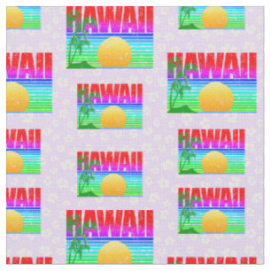 Retro Hawaii Sunset Beach Purple Hibiscus Fabric