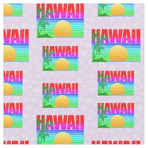 Retro Hawaii Sunset Beach Purple Hibiscus Fabric