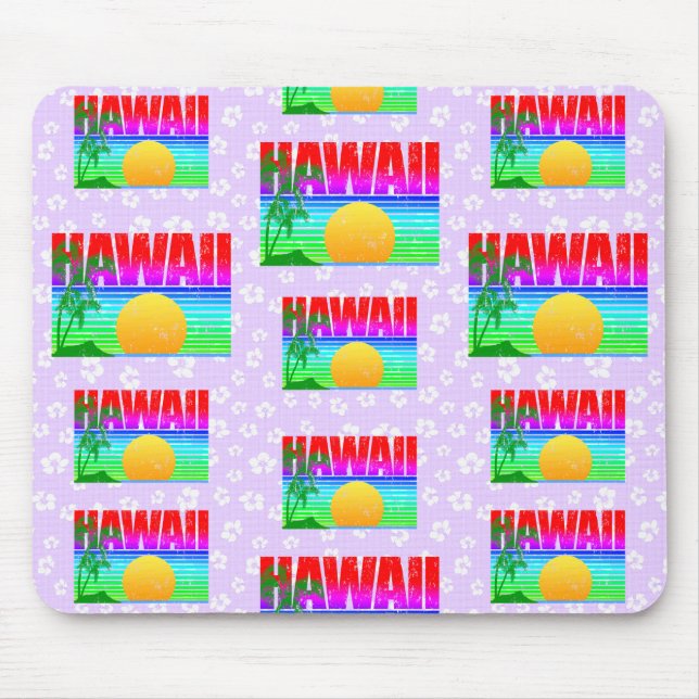 Retro Hawaii Sunset Beach Purple Hibiscus Mouse Pad (Front)