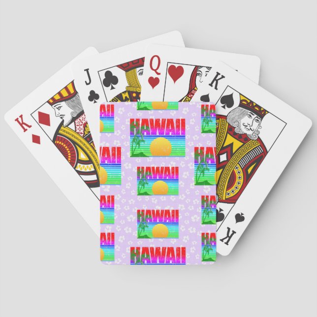 Retro Hawaii Sunset Beach Purple Hibiscus Poker Cards (Back)