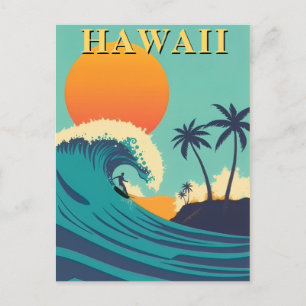 Retro Hawaii Surfing Sunset & Waves Travel Postcard