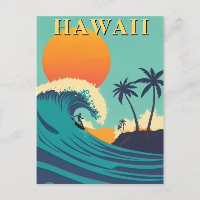 Retro Hawaii Surfing Sunset & Waves Travel Postcard (Front)