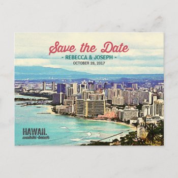 Retro Hawaii Waikiki Beach Photo Save The Date Announcement Postcard by PicartBook at Zazzle