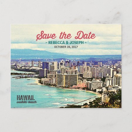 Retro Hawaii Waikiki Beach Photo Save The Date Announcement Postcard