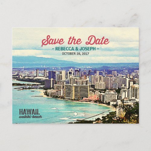 Retro Hawaii Waikiki Beach Photo Save the Date Announcement Postcard