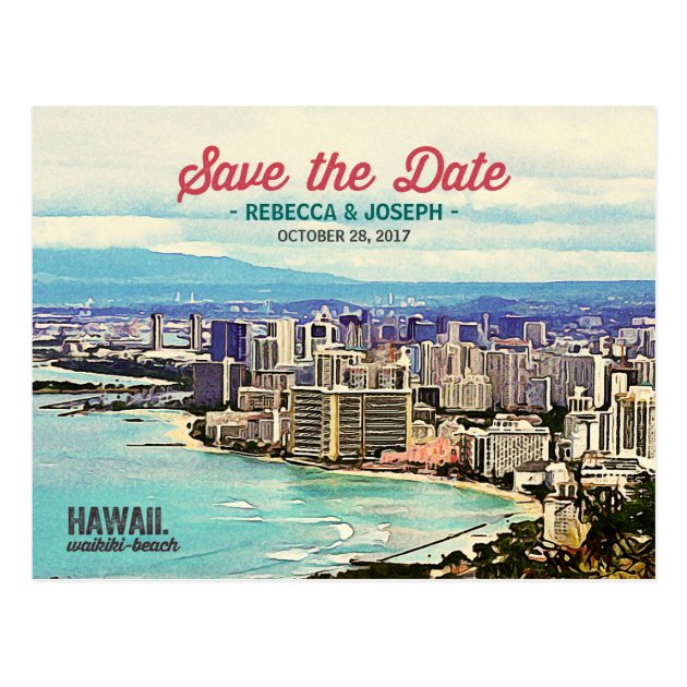 Retro Hawaii Waikiki Beach Photo Save The Date Postcard