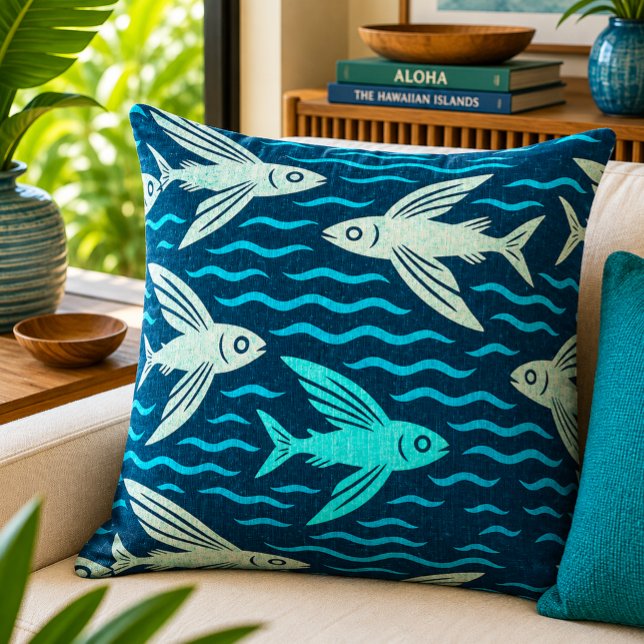 Retro Hawaiian Flying Fish Ocean Waves Pattern Throw Pillow (Creator Uploaded)