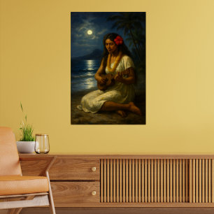 Retro Hawaiian Girl & Ukulele On A Moonlit Beach Poster