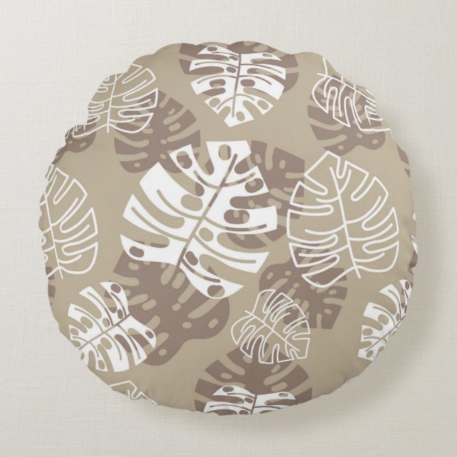 Retro Hawaiian Monstera Leaf Cool Browns Round Pillow (Front)