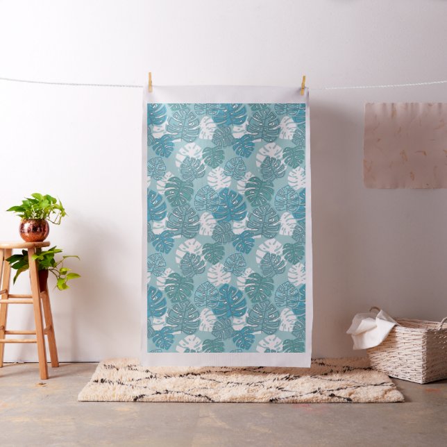 Retro Hawaiian Monstera Leaf Summer Blues Fabric (In Situ)