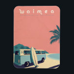 Retro Hawaiian surf Magnet<br><div class="desc">Vintage style camper van and surfboard on Waimea Bay on the north shore of Oahu,  Hawaii,   beach with palm trees and sand parked against a dusty pink sunset sky</div>