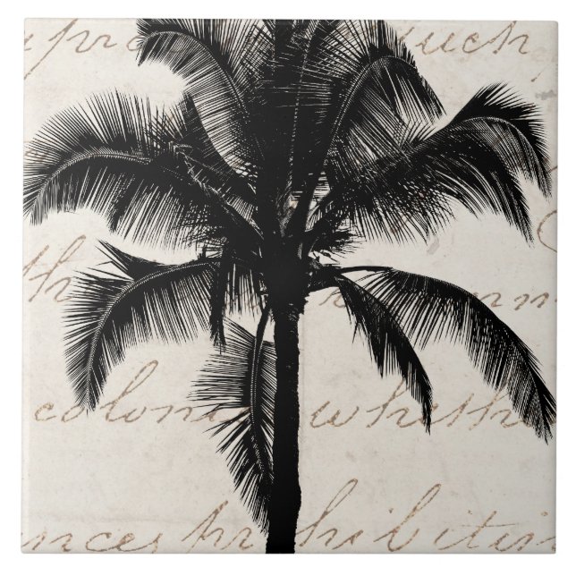 Retro Hawaiian Tropical Palm Tree Silhouette Black Ceramic Tile (Front)