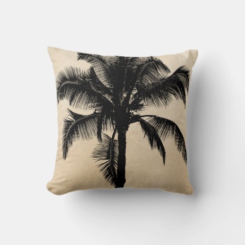 Retro Hawaiian Tropical Palm Tree Silhouette Black Throw Pillow