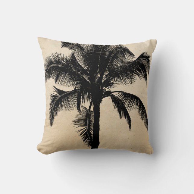 Retro Hawaiian Tropical Palm Tree Silhouette Black Throw Pillow (Front)
