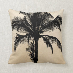Retro Hawaiian Tropical Palm Tree Silhouette Black Throw Pillow