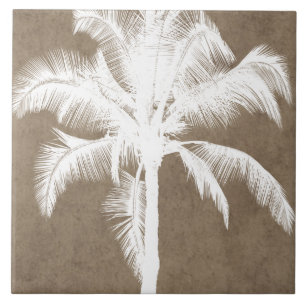Retro Hawaiian Tropical Palm Tree Silhouette White Ceramic Tile