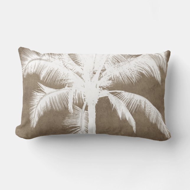 Retro Hawaiian Tropical Palm Tree Silhouette White Lumbar Pillow (Front)
