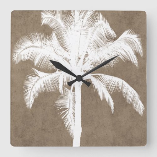 Retro Hawaiian Tropical Palm Tree Silhouette White Square Wall Clock