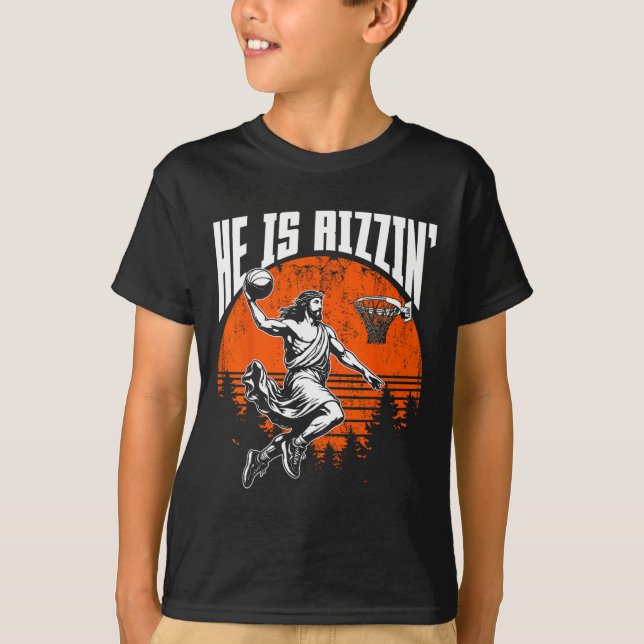 Retro He Is Rizzin' Jesus Sketll Player Lover Chri T-Shirt (Front)