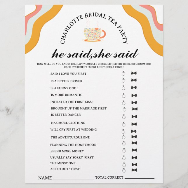 Retro He said She said Bridal Tea Party Game  Flyer (Front)
