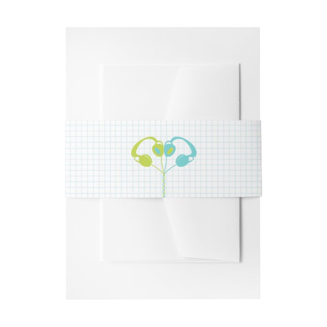 Retro Headphones Heart Music Wedding Blue and Lime Invitation Belly Band (Front Example)